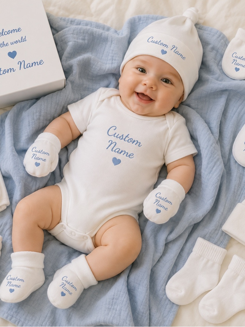 Custom Name Baby Bodysuit & Hat Set in White with Light Blue Text
